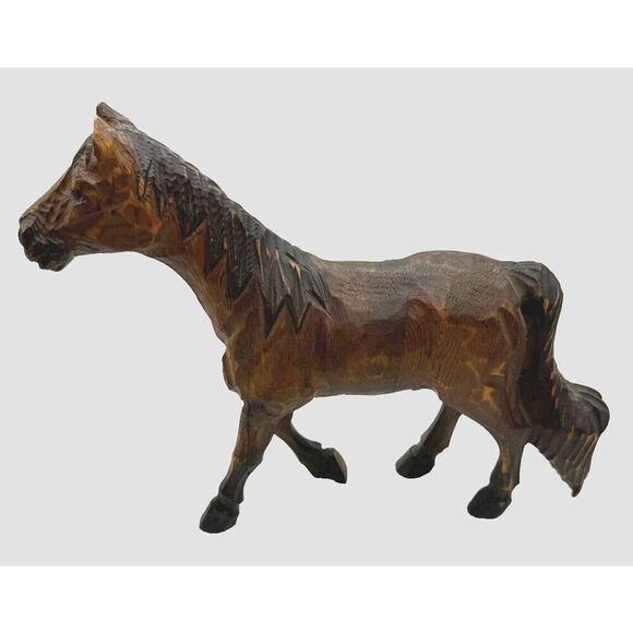 Vintage Folk Art Hand-Carved 11" Wooden Horse with glass eyes - Picture 3 of 8